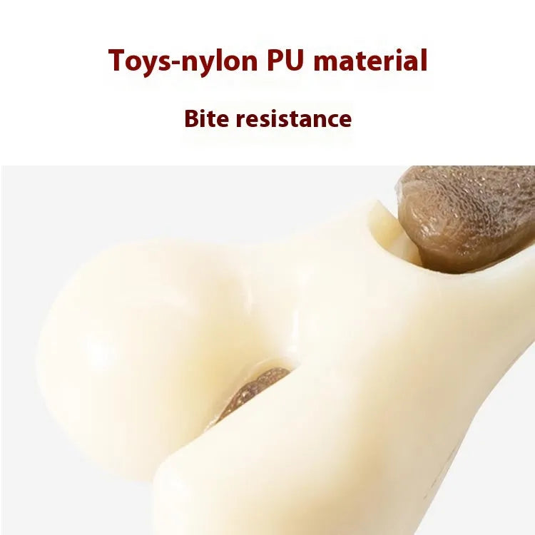 Cowhide and nylon bone-shaped grinding rod chew toy for dogs in two sizes.