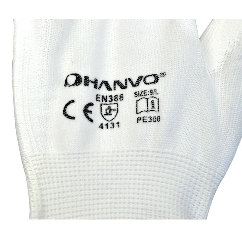 White PU coated work gloves showing palm coating and extended 24cm length.