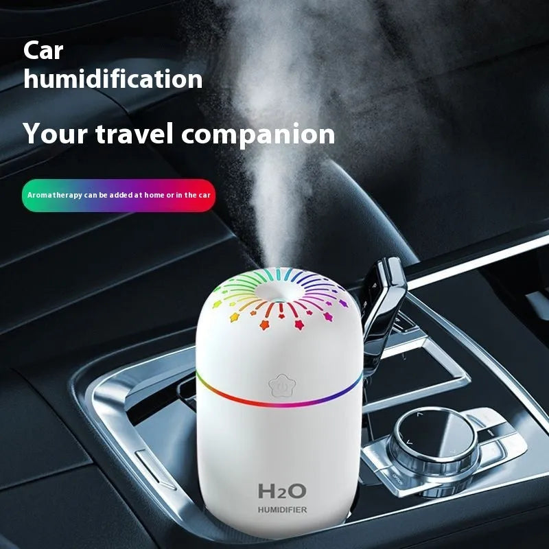 White USB mini humidifier with 300ml water tank measuring 75x75x116mm