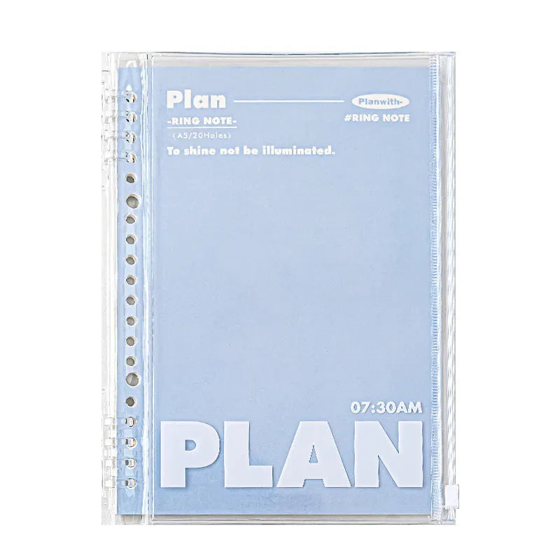 A5 clear PVC notebook case in white or blue colour, showing transparent front cover