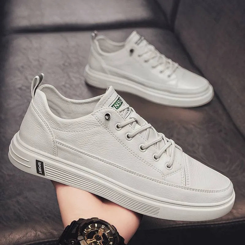 Men's casual white PU shoes with round toe and flat bottom design on size chart