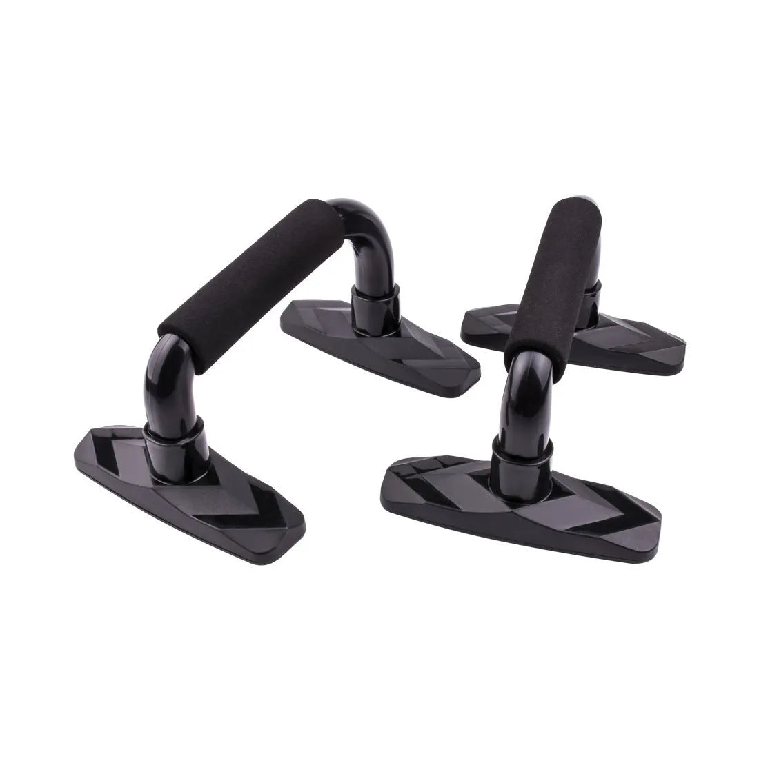 A pair of diamond-shaped push-up bars with blue PP sponge handles on a gym floor.