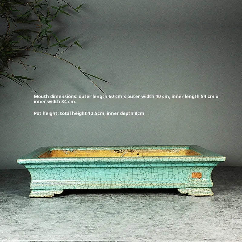 White cracked ceramic bamboo bonsai flowerpot with purple sand craft, desktop or floor use