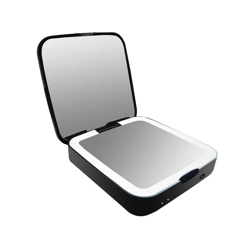 Makeup mirror with dual surfaces: 4x magnification and HD mirror with adjustable lighting