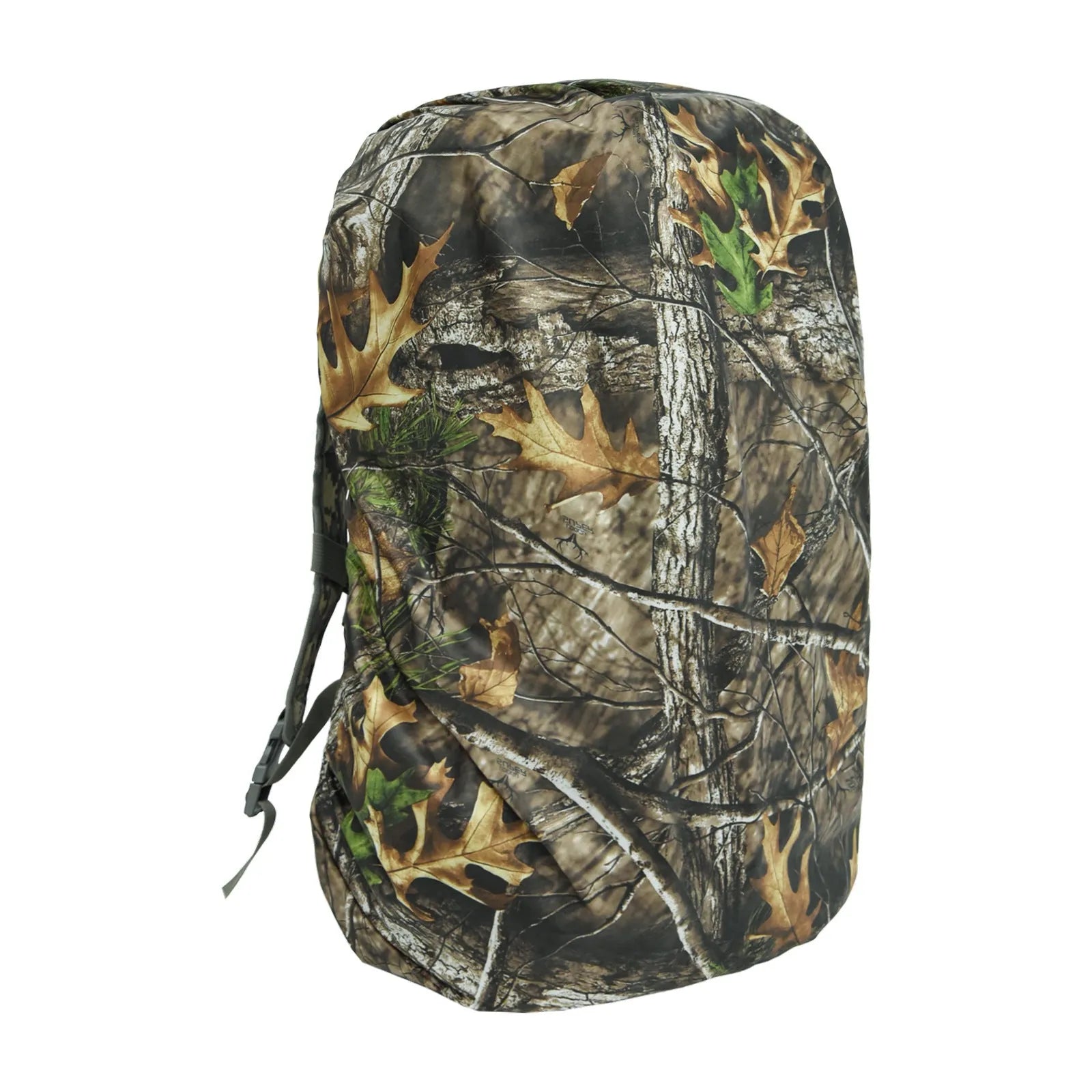 Army green backpack rain cover with elastic edges shown alongside 80 litre backpack for scale