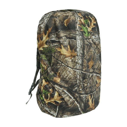 Army green backpack rain cover with elastic edges shown alongside 80 litre backpack for scale