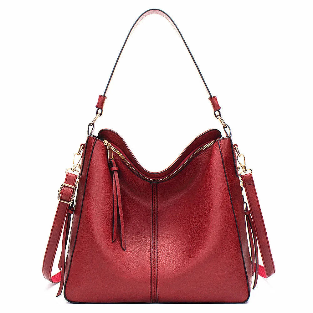 Large capacity PU hobo bag for women with zip closure, internal pockets, and soft handles in solid colour