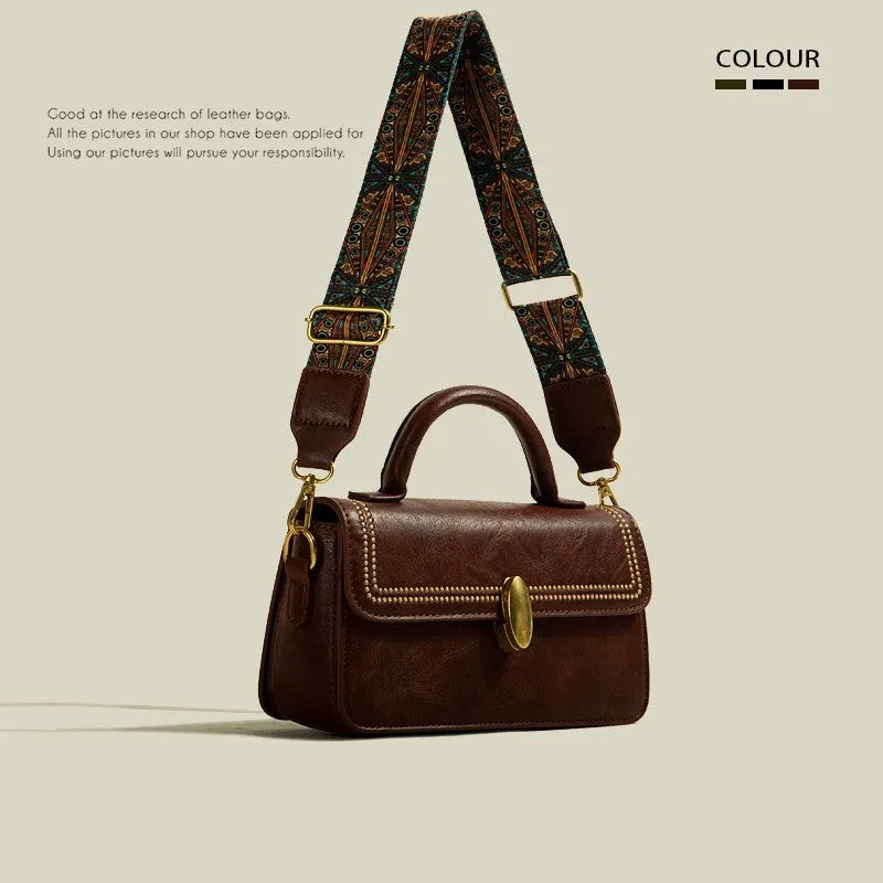 Brown retro women's messenger bag with sandwich pockets and crossbody strap showing interior phone compartment