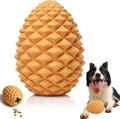 Yellow pine cone shaped tough dog toy made from natural rubber with treat dispenser for large breed dogs.