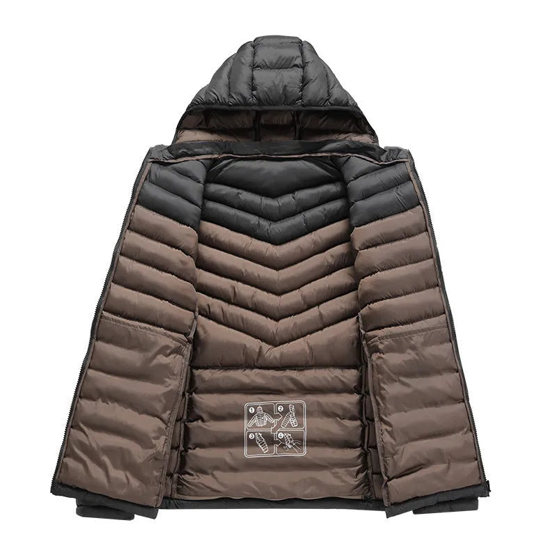 Men's lightweight down jacket with detachable hood in black, army green or blue colour