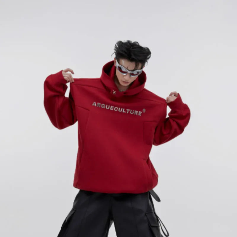 Men's red loose hooded sweater with heavy shoulder pads and metallic 3D printed graphic design