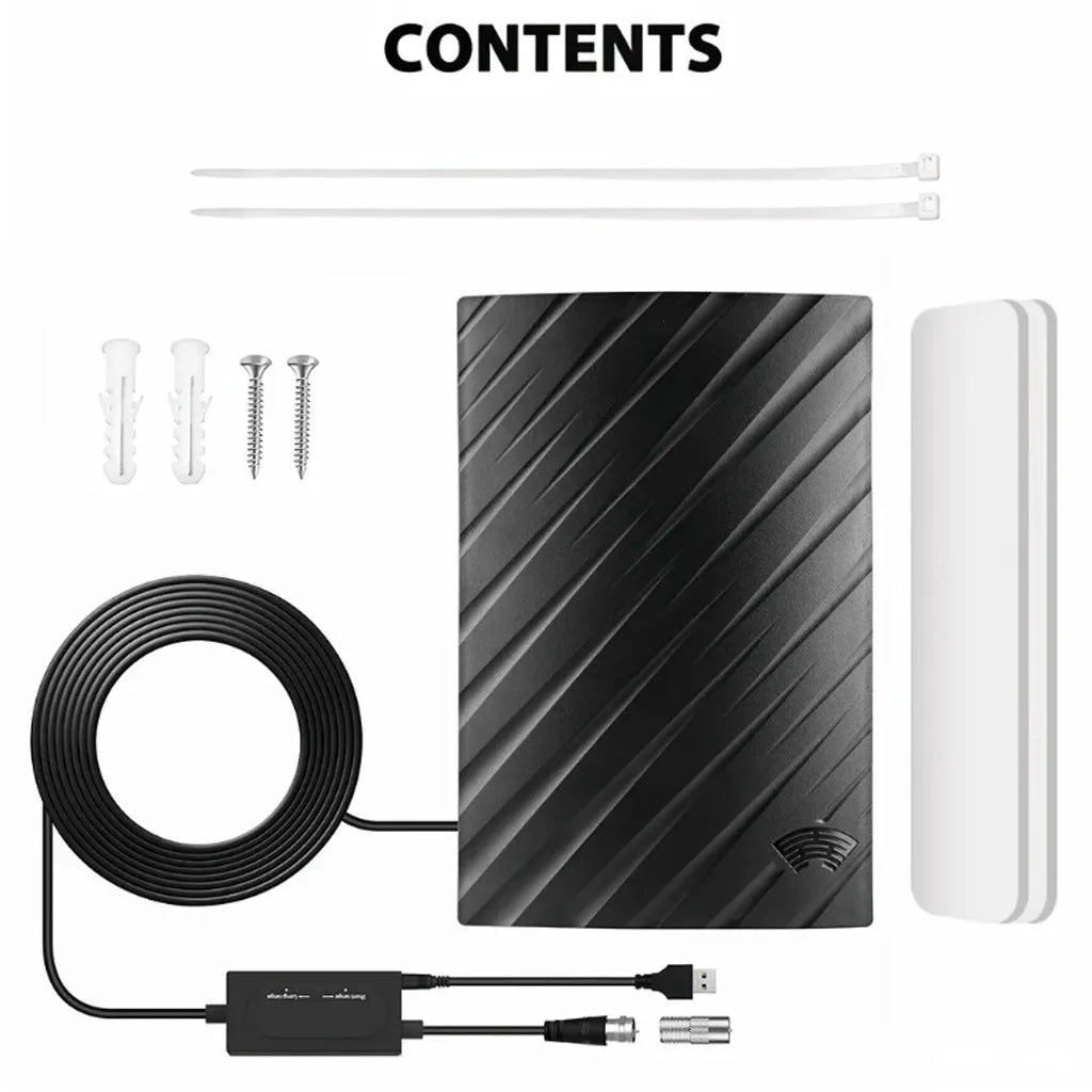 Black plastic indoor HD digital TV antenna with mounting accessories including expansion tubes and screws