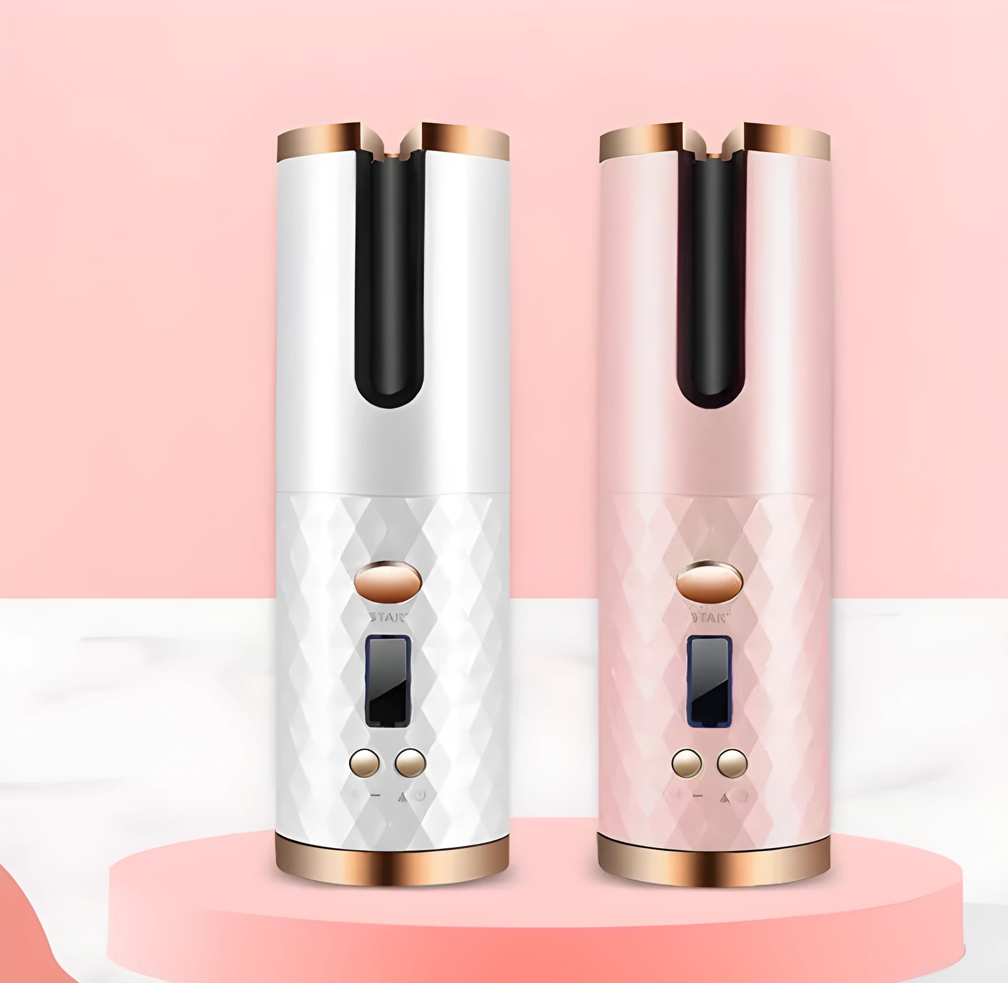 White portable automatic curling iron with a gold ceramic barrel and USB charging cable on a pink background.