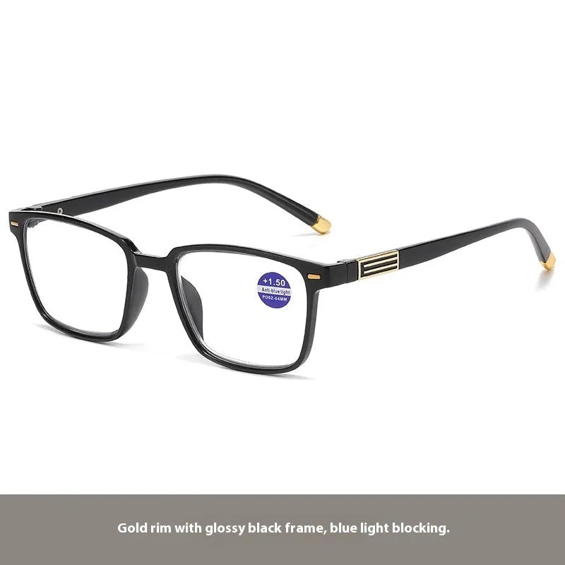 Anti blue light multifocal reading glasses with colour changing lenses in a black and gold frame style.