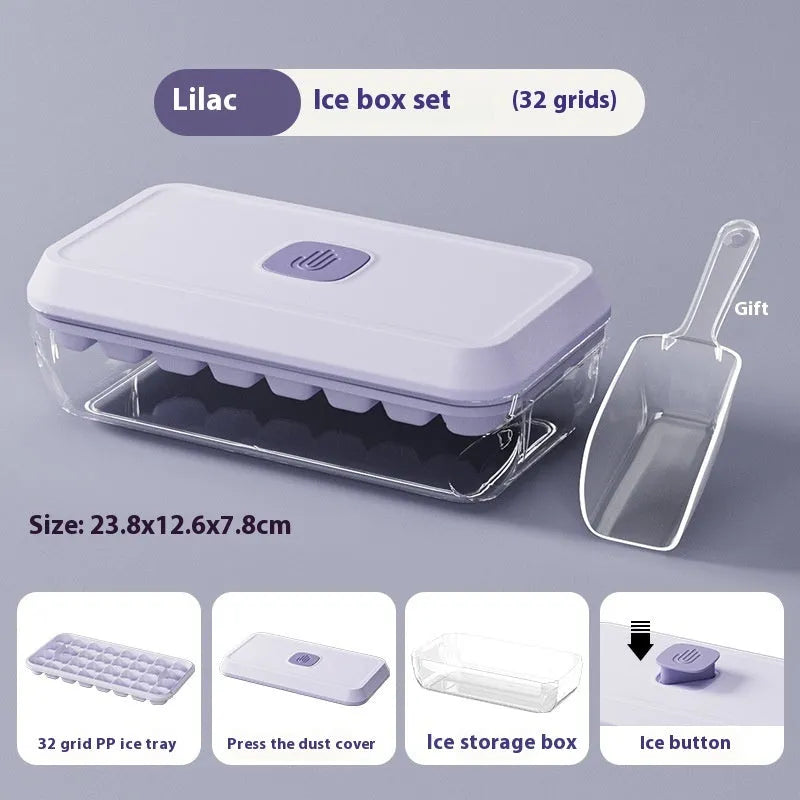 32 grid ice cube tray with press button demould and white spatula on blue background