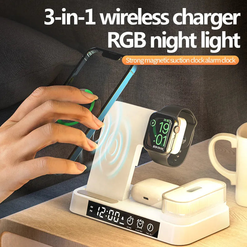 Foldable 4-in-1 wireless charging station with alarm clock display and RGB night light