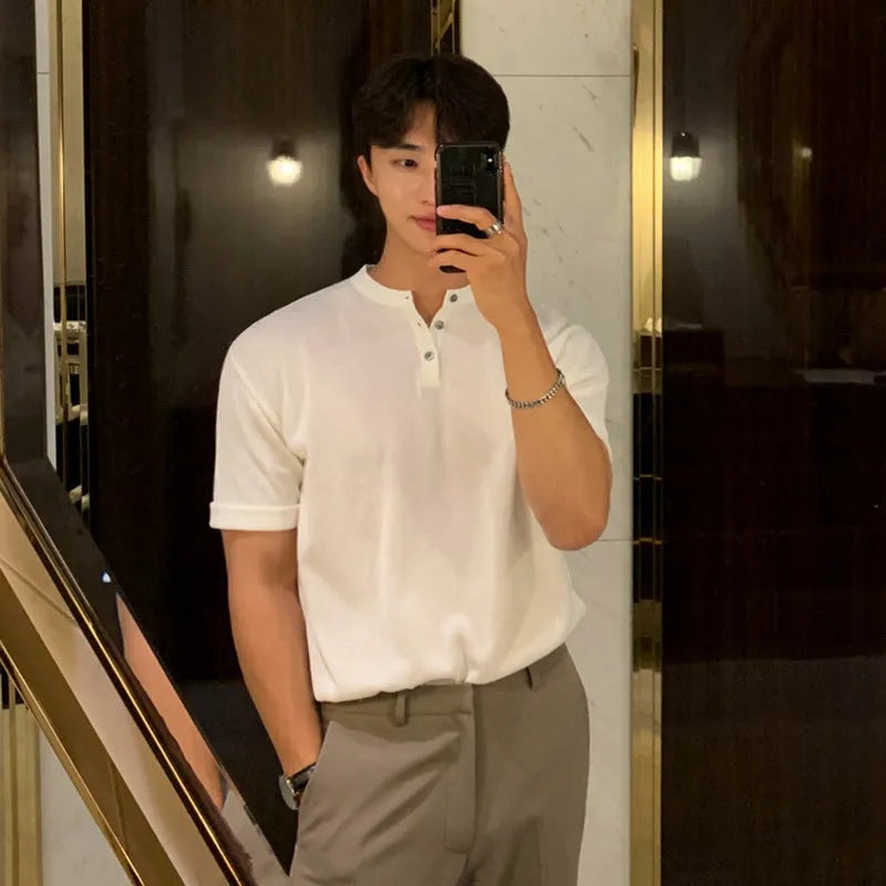 Men's thin ice silk knitted short-sleeved shirt in slim-fit loose pullover style