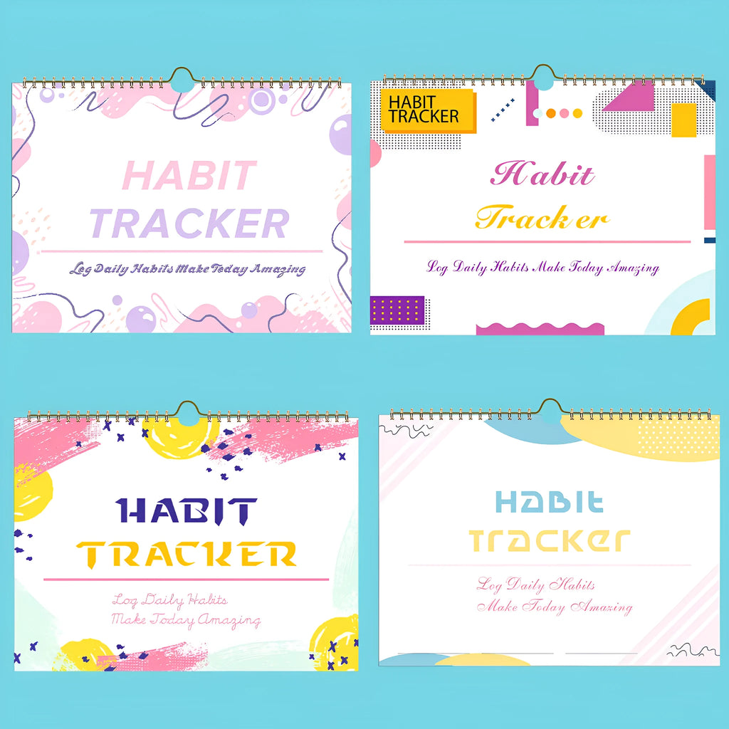 English habit tracking planner with 12 pages in pink white, purple white, flower white or yellow white covers