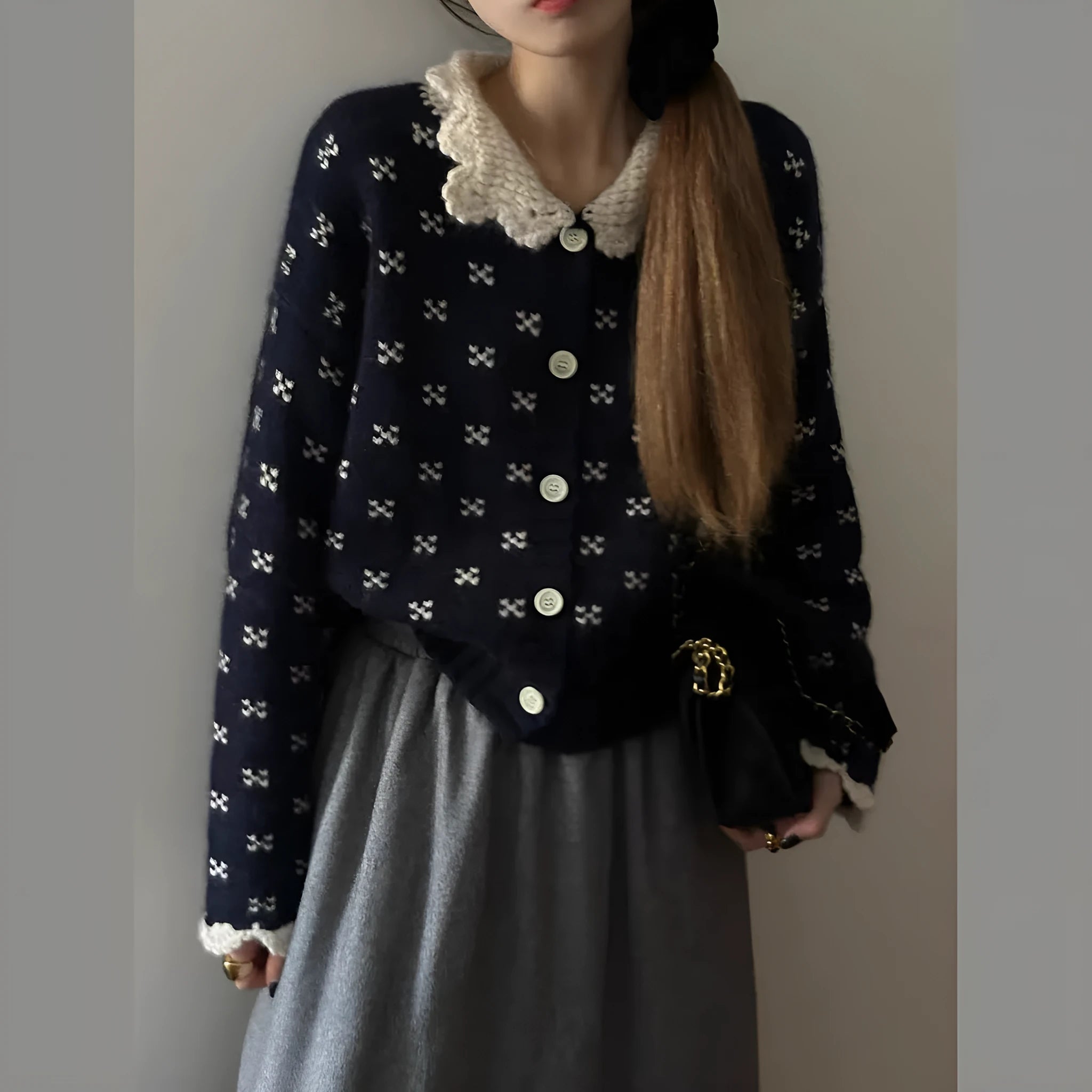 Retro Peter Pan collar floral pattern knitted cardigan coat in Japanese Korean casual style