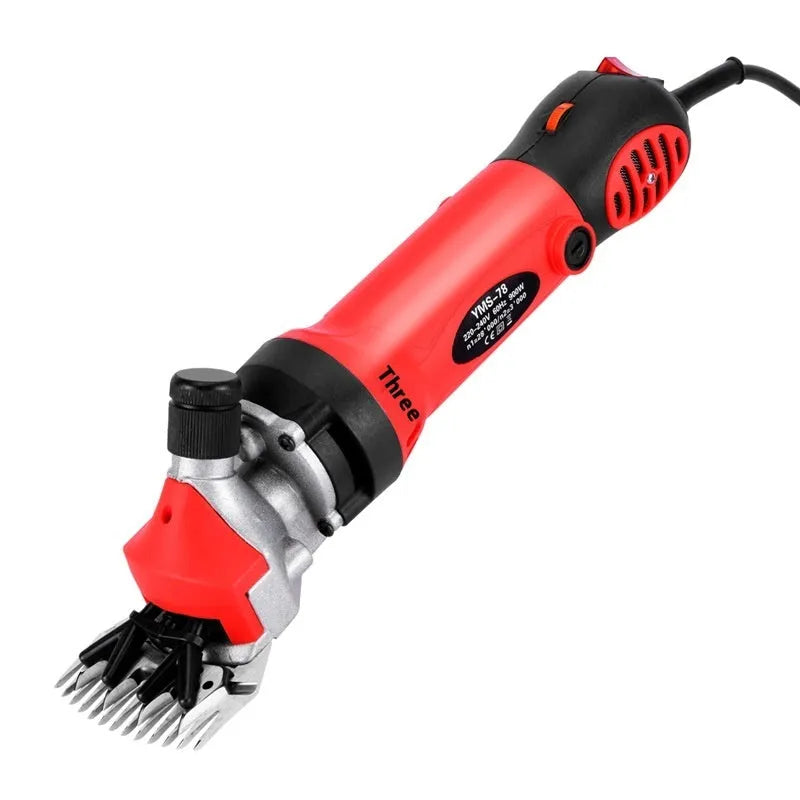 Yellow electric wool shearing plug-in unit with multiple cutting comb sets and maintenance accessories