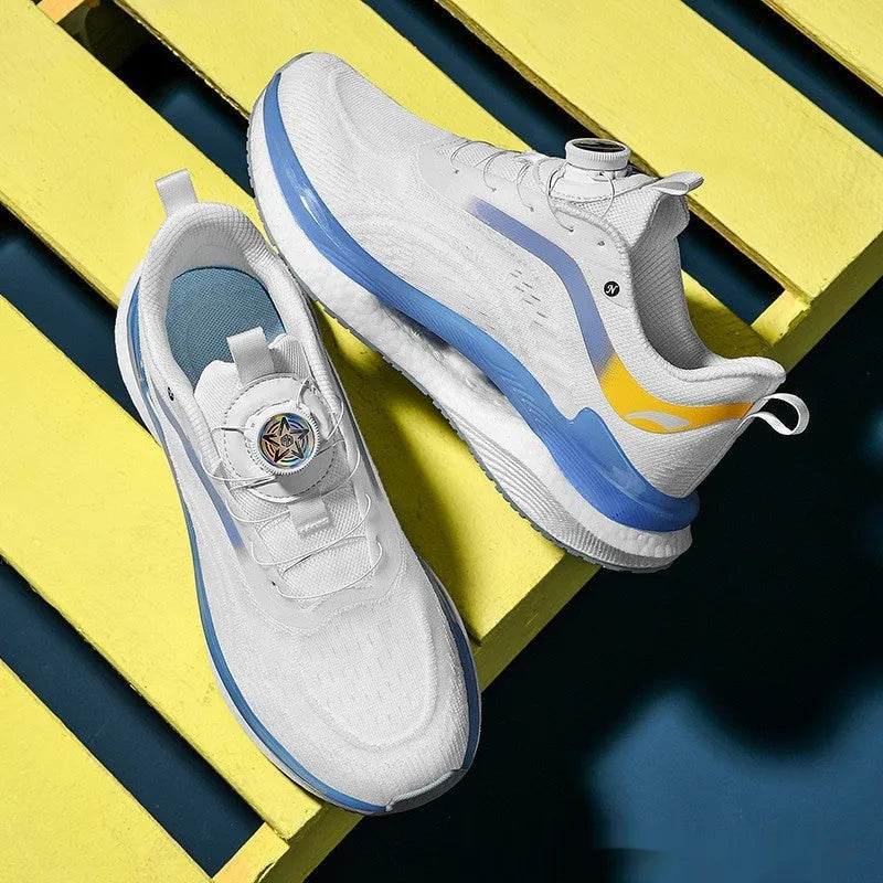 Men's high top breathable mesh running shoes in cotton candy colour with buckle closure and composite sole.