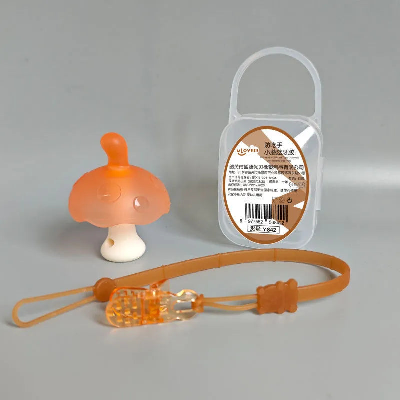Small mushroom-shaped latex novelty gum in a transparent box with an optional nano chain attached.