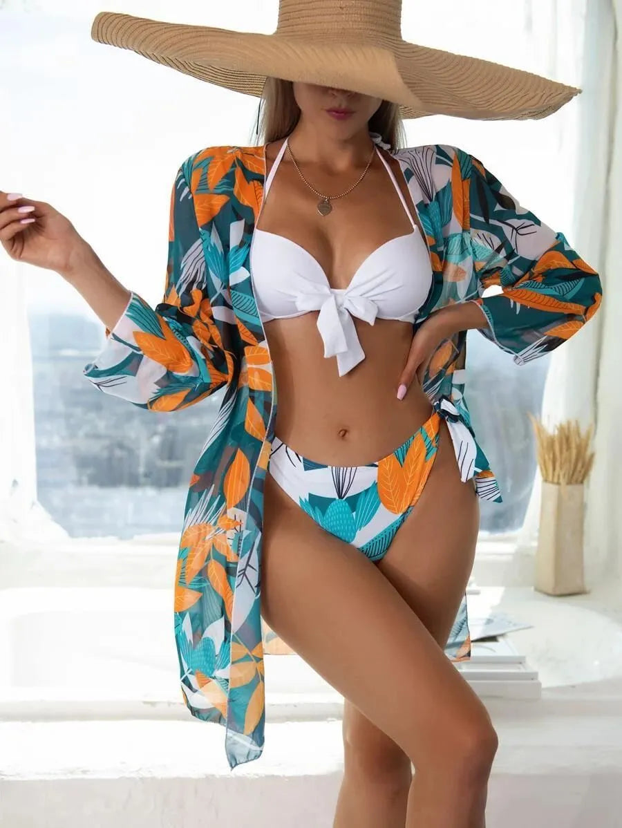 Women's three-piece mesh bikini swimsuit set with lace-up top and high-waisted shorts