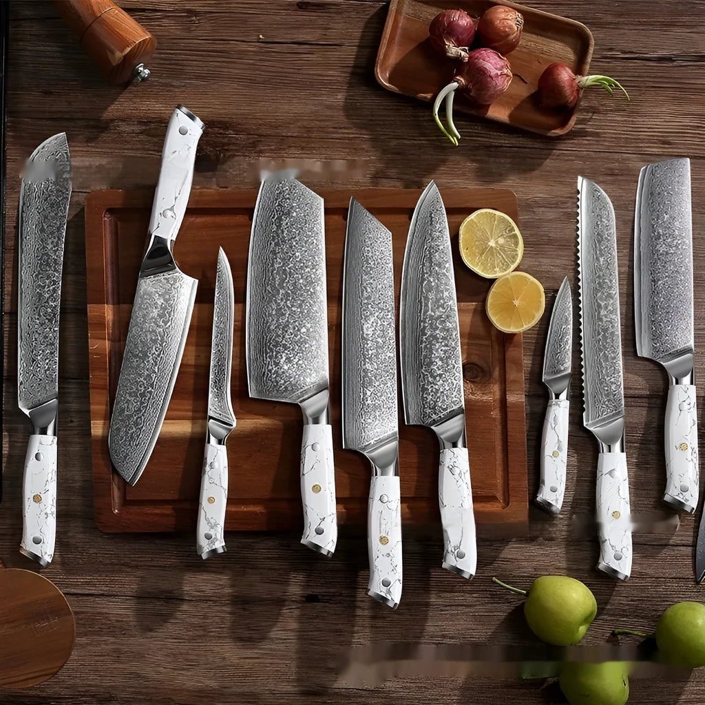 Damascus pattern VG10 steel combined chef's knife with 21cm blade on wooden surface