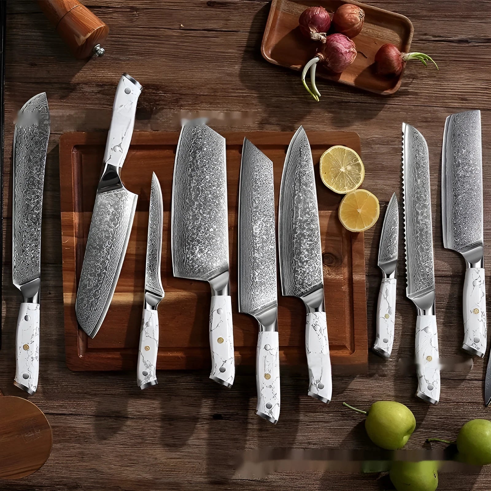 Damascus pattern VG10 steel combined chef's knife with 21cm blade on wooden surface