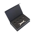 Black Bluetooth 5.0 automotive tyre pressure monitoring system kit with four external sensors and a wrench