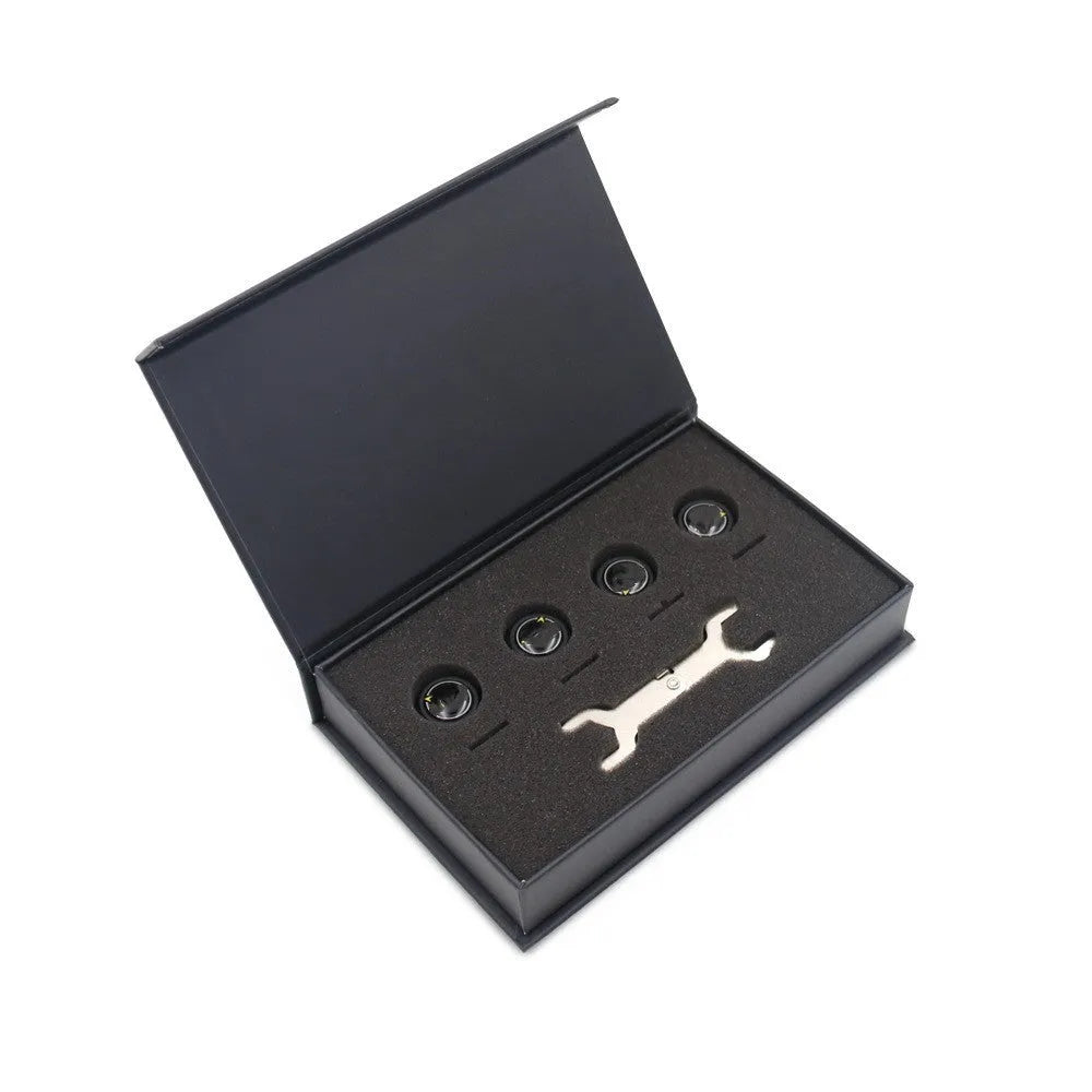 Black Bluetooth 5.0 automotive tyre pressure monitoring system kit with four external sensors and a wrench