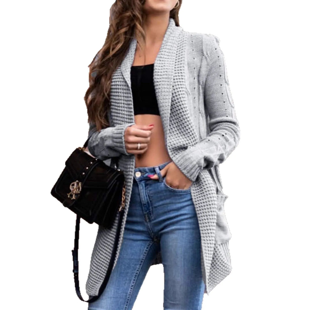 Grey women's cardigan coat with pockets and loose fit styling