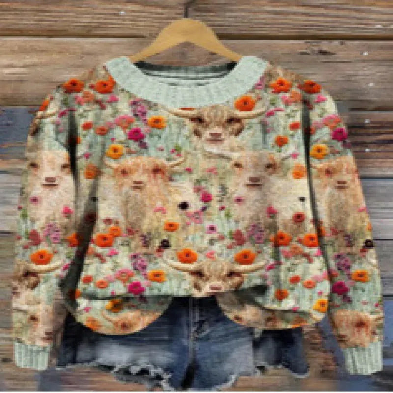 Women's round neck sweater with a small digital floral print in a solid colour.