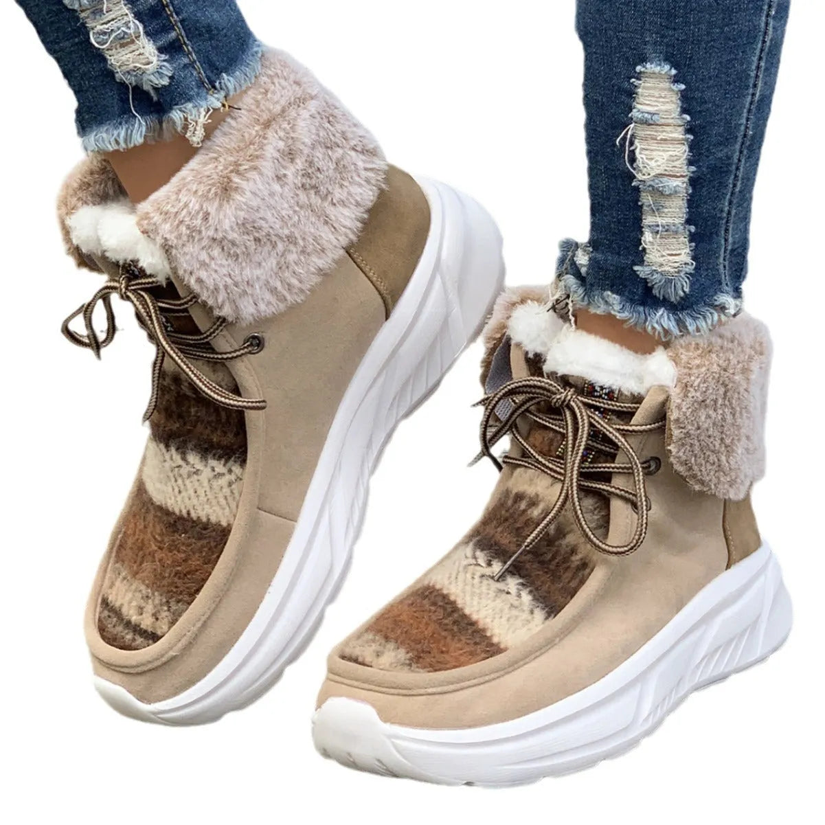 Women's beige lace-up snow boots with plush lining and non-slip rubber soles