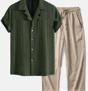 Men's loose short sleeve shirt and trousers suit in milk silk fabric for summer leisure wear