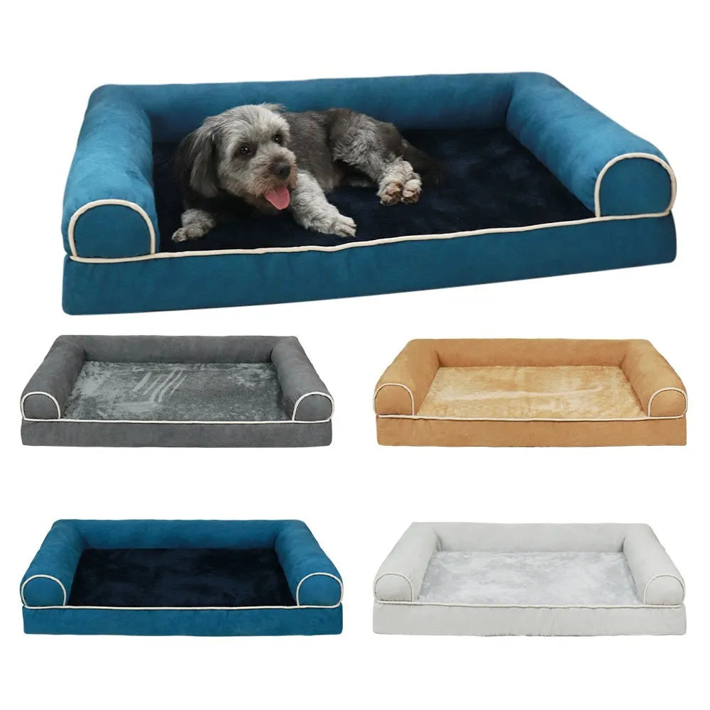 Square sponge dog bed with a breathable, washable cloth cover shown in a blue colour.
