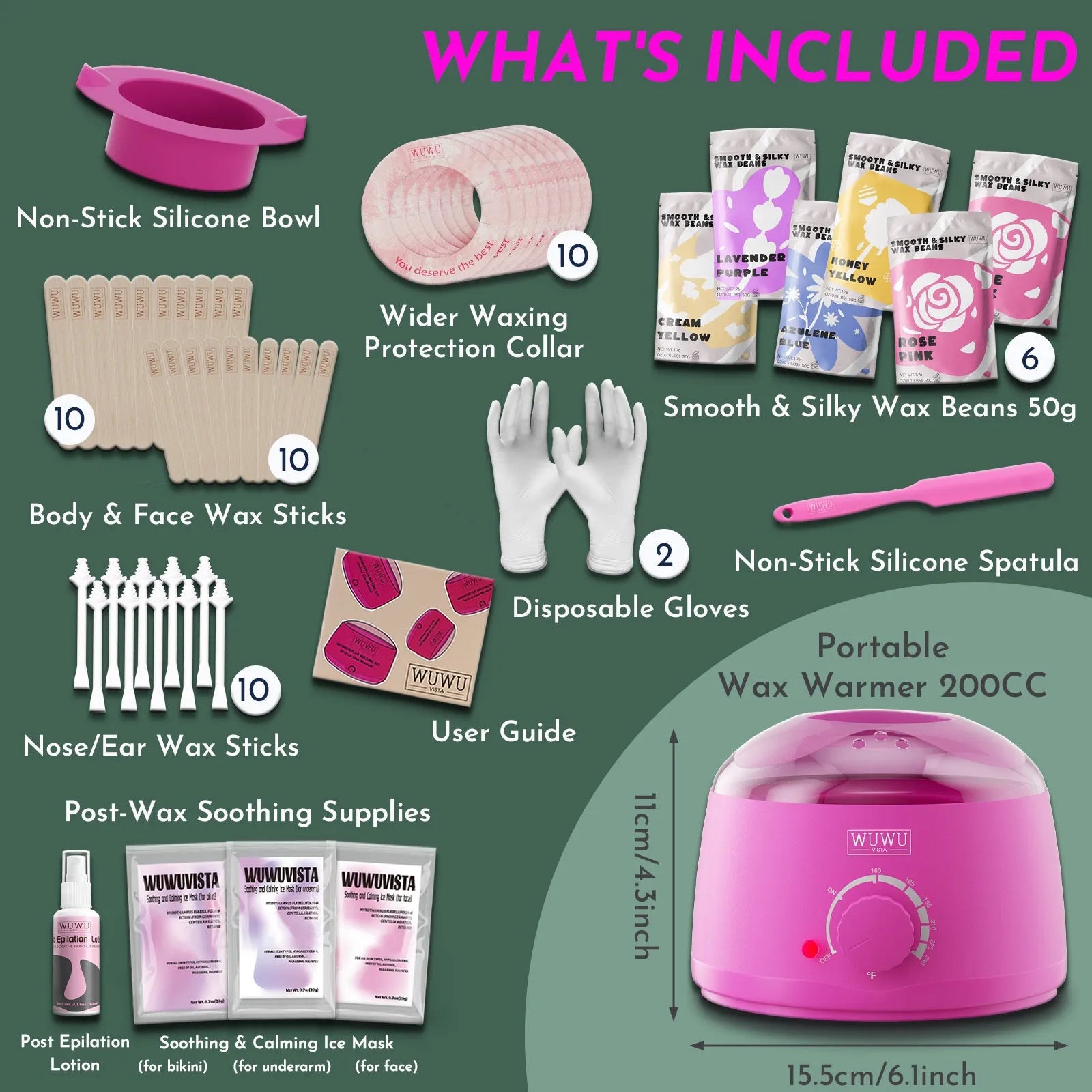 WUWUVISTA professional waxing kit with black smart warmer, wax beads, applicators and aftercare products