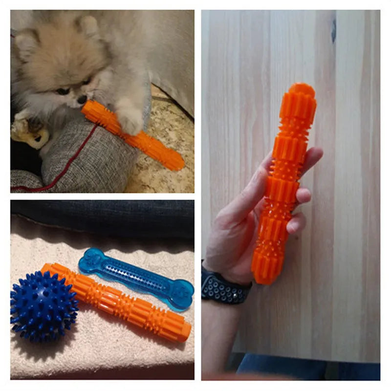 Green and orange natural rubber dog chew toy with treat-dispensing hole for aggressive chewers.