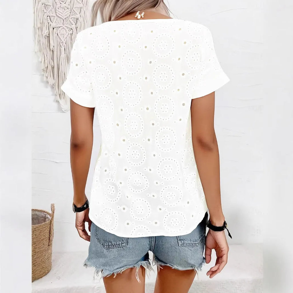 White women's V-neck T-shirt with hollow-out detail and short sleeves, loose casual fit.