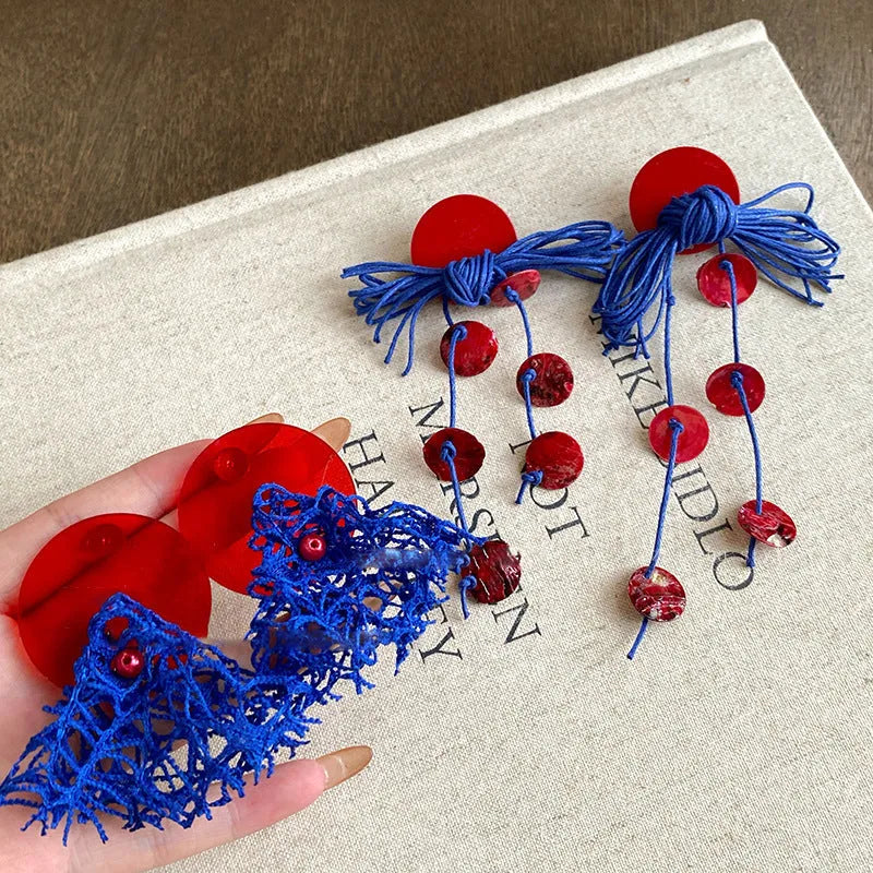 Geometric cloth earrings with silver needle-blue resin flower colour and round design details