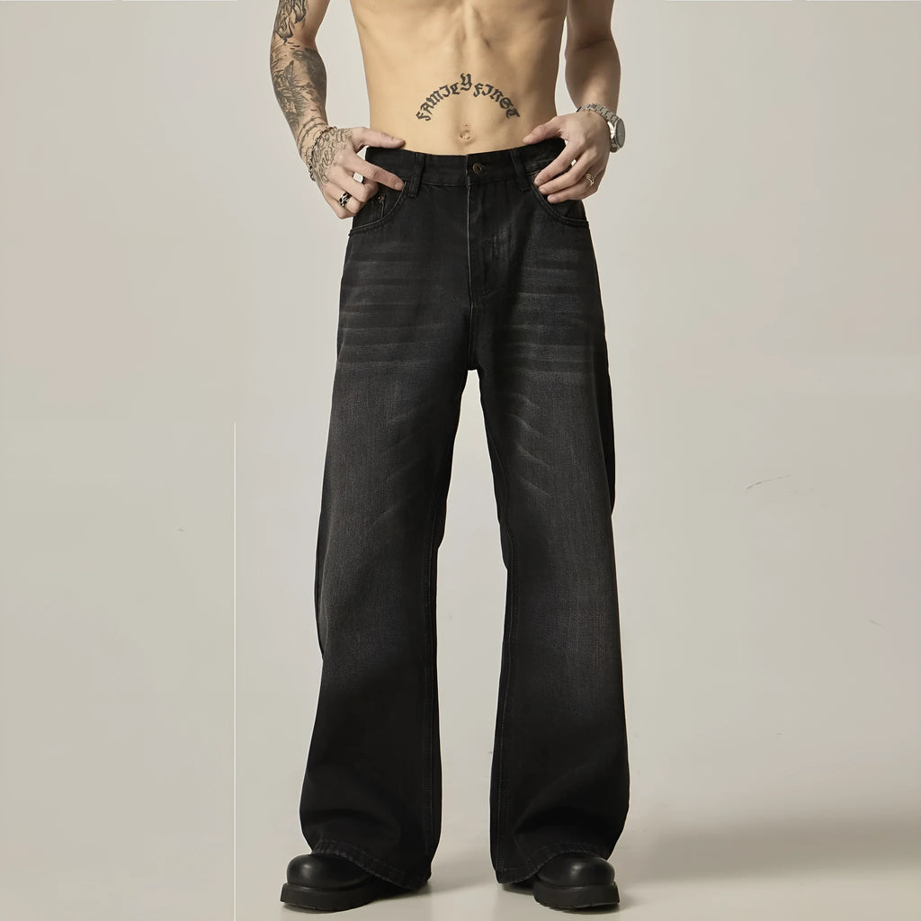 Black loose straight cut retro jeans with zipper fly on mannequin showing full silhouette