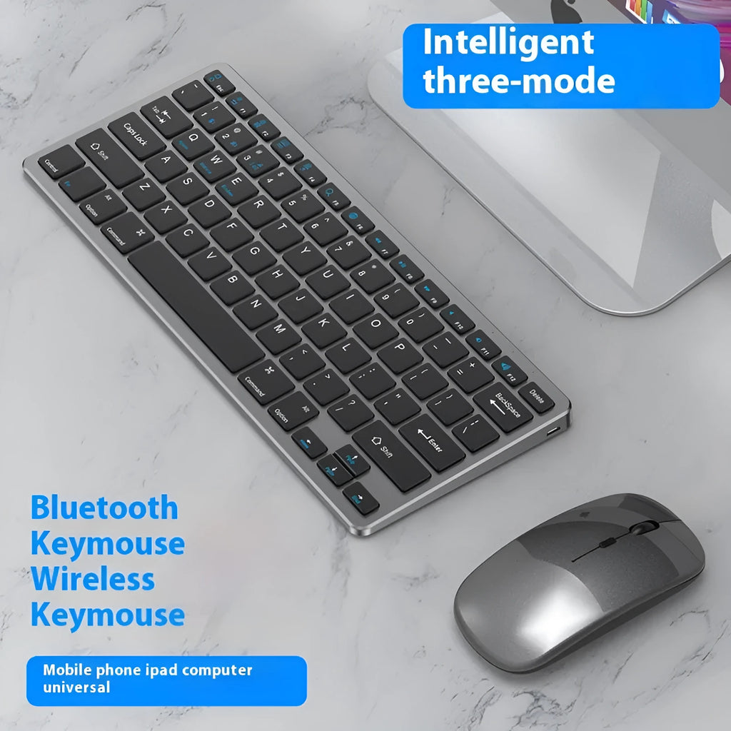 Ultra-thin wireless keyboard and mouse suit in black, grey, or silver with rechargeable Bluetooth connectivity