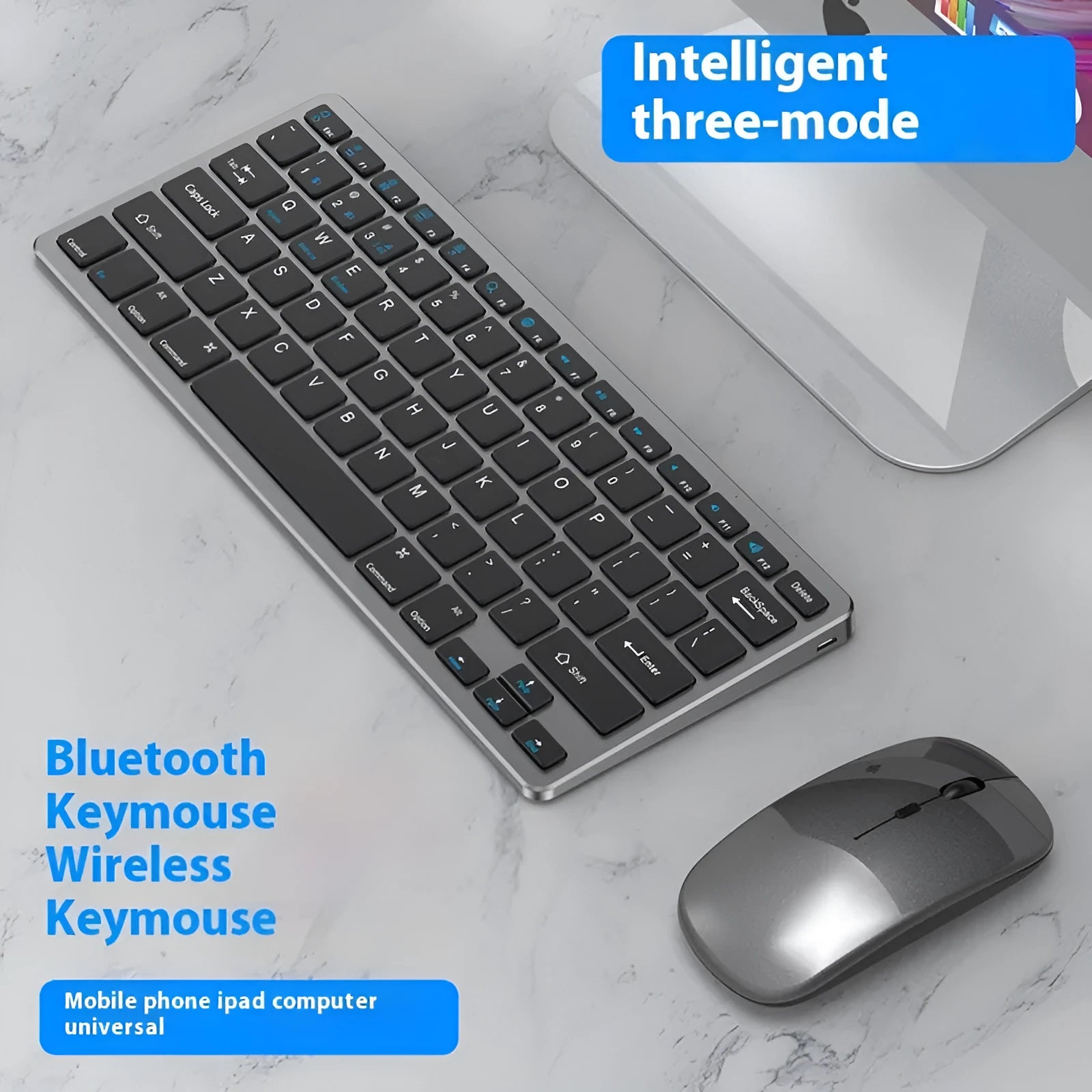 Ultra-thin wireless keyboard and mouse suit in black, grey, or silver with rechargeable Bluetooth connectivity
