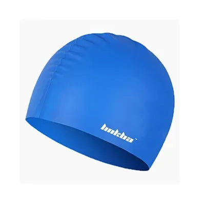Silicone swimming cap with waterproof earmuffs in multiple colours on a blue background.