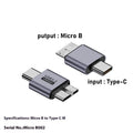 Micro B adapter converter showing USB and Type-C to Micro B interface options for charging and data transfer.