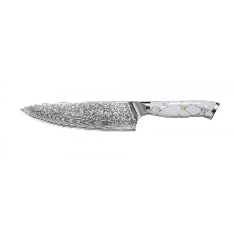 Damascus pattern VG10 steel combined chef's knife with 21cm blade on wooden surface