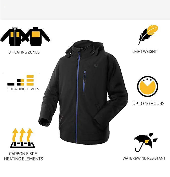 Black USB heated waterproof windproof winter coat for men with straight hem and long sleeves