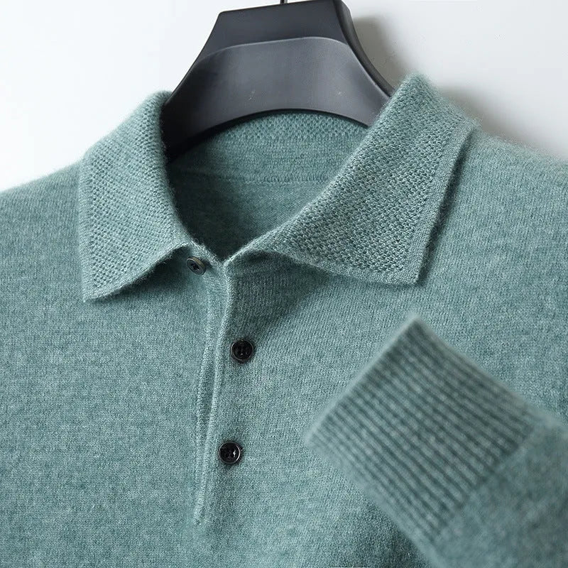 Men's grey wool pullover sweater with a polo collar and long sleeves laid flat.