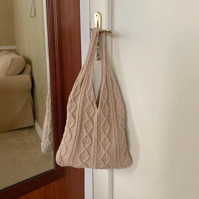 Retro hollow knitted women's shoulder tote bag with double straps in solid colour