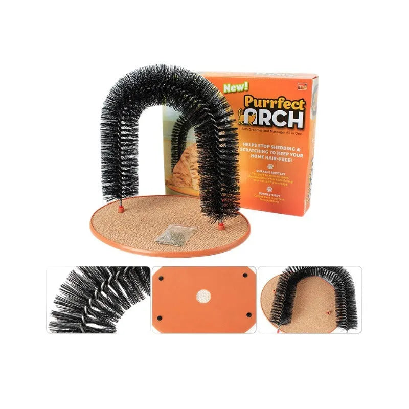 White plastic arched cat grooming toy with built-in brush bristles for scratching and rubbing.